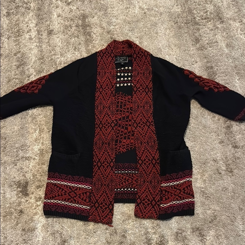 🍍 Lucky Brand Vintage Open Cardigan Sweater Womens M Stretch 2 Pocket Cable Knit